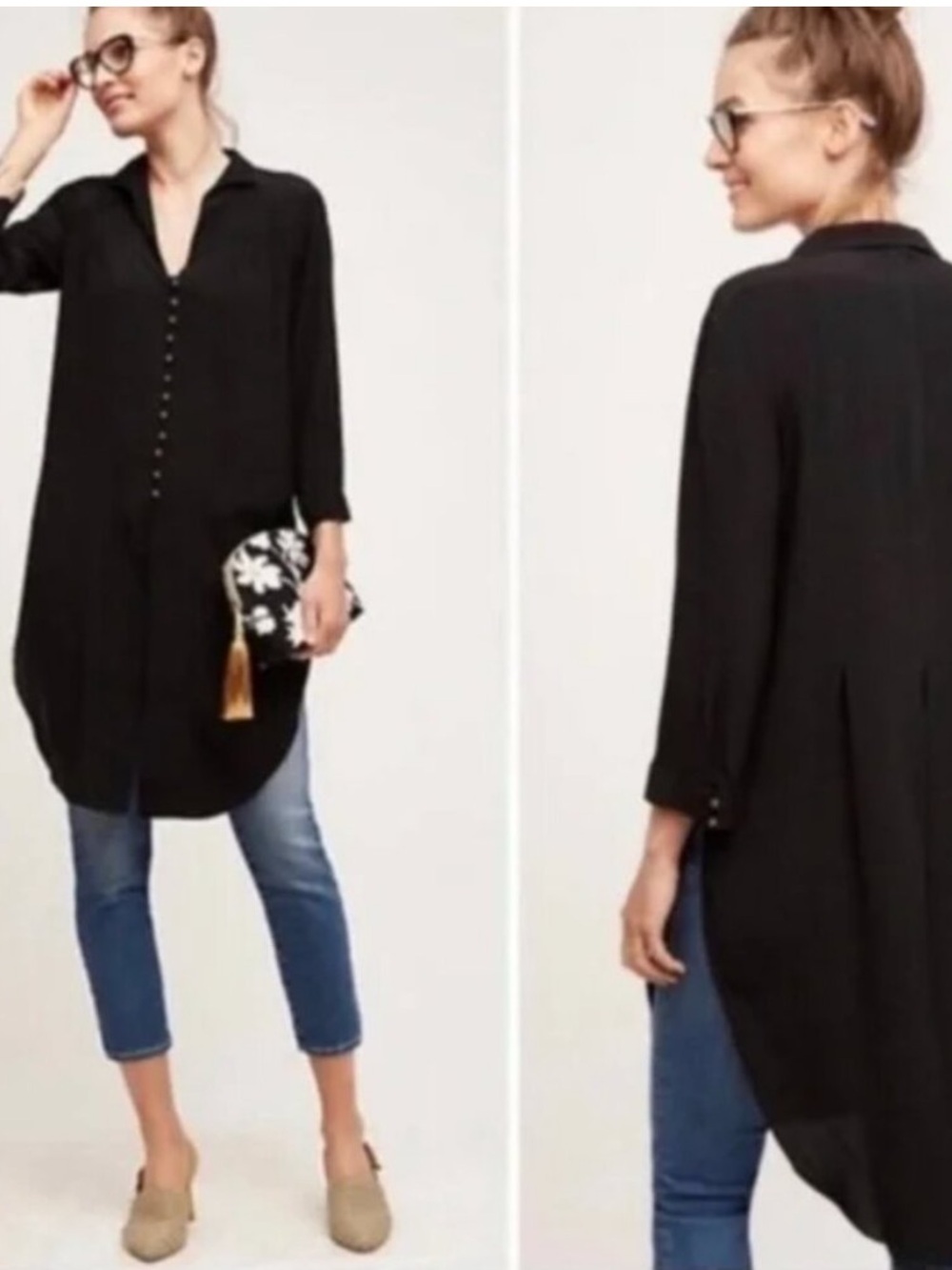 Anthropologie Maeve Ceycen Black Button Up Tunic Shirt Dress Size S